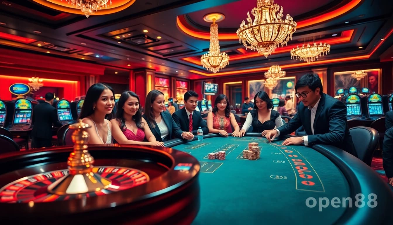 Engaging scene of players enjoying games at open88 casino with roulette wheel and poker tables.