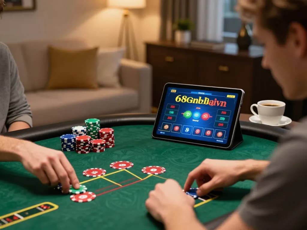 A player engaging in online poker via the 68gamebaivn platform, strategically analyzing their next move.
