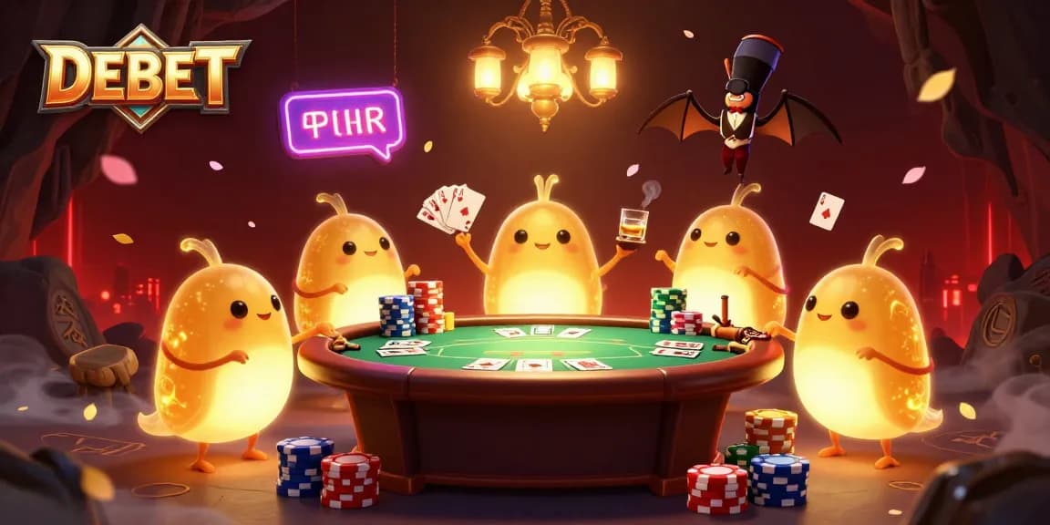 DEBET illuminates a cave casino with glowworms and a bat dealer amidst a vibrant poker scene.