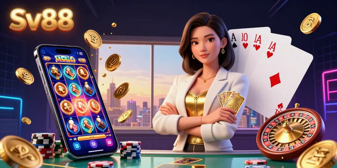 Engage with the captivating Sv88 casino scene featuring a powerful Asian businesswoman with golden cards and dynamic gaming elements.