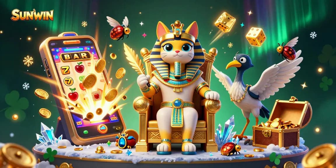 SUNWIN pharaoh cat at a jackpot explosion scene with lavish casino elements and vibrant colors.