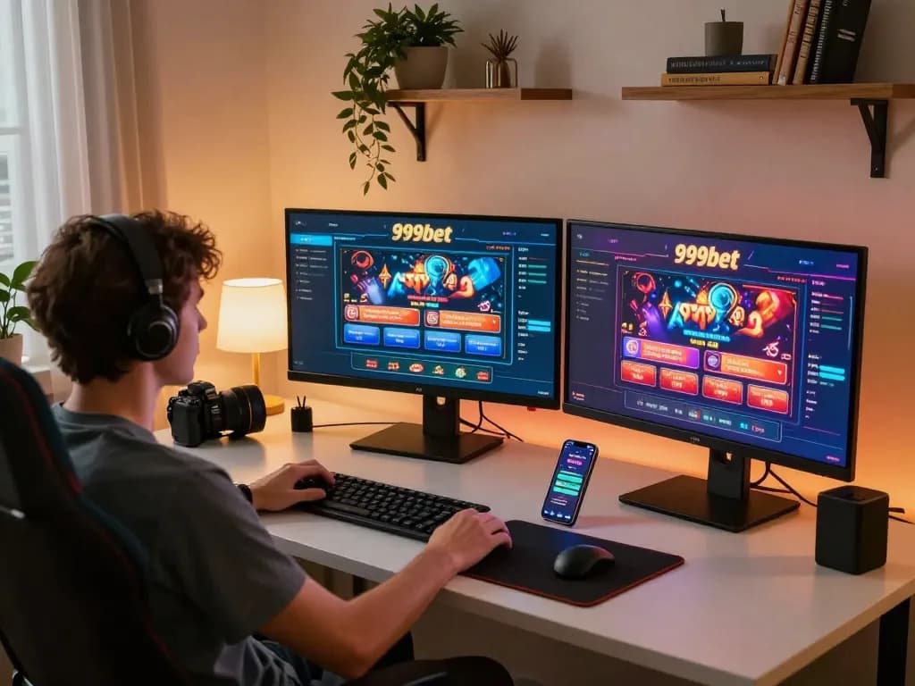 Engaging online gaming experience with 999bet displayed on multiple screens and betting app on smartphone