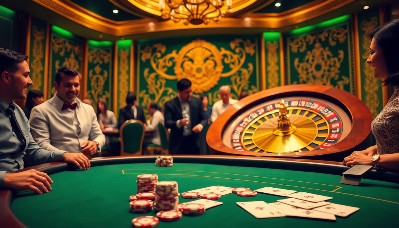 Experience the excitement of gambling at RR99 with vibrant poker tables and roulette wheels.