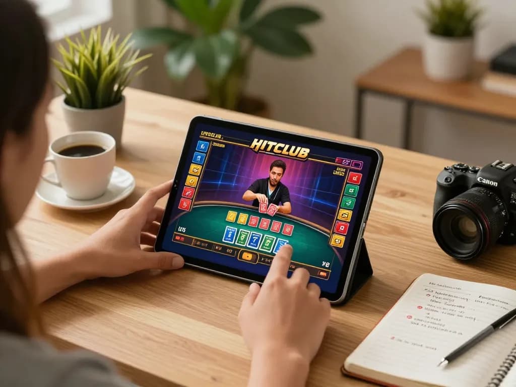 Engaging player enjoying live dealer games on HITCLUB gaming app in a cozy home setting