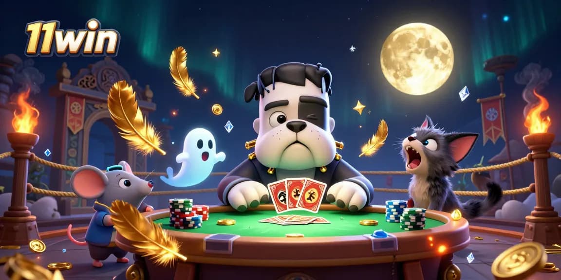 Join the fun at 11win as a monster deals cards at a spooky casino table full of excitement.