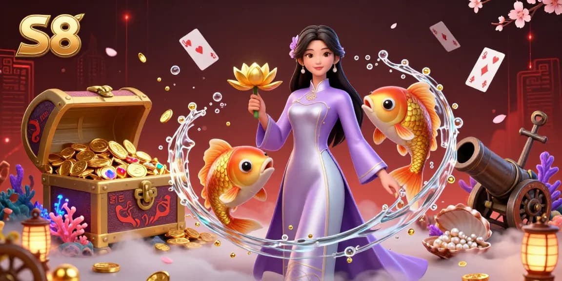 S8 casino illustration showcasing an Asian woman in elegant attire holding a lotus flower, amidst vibrant gambling elements.