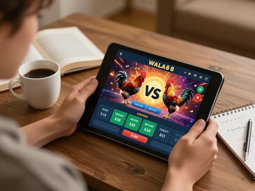 Engaged user placing bets on WALA88's live chicken fights for an exciting gaming experience.