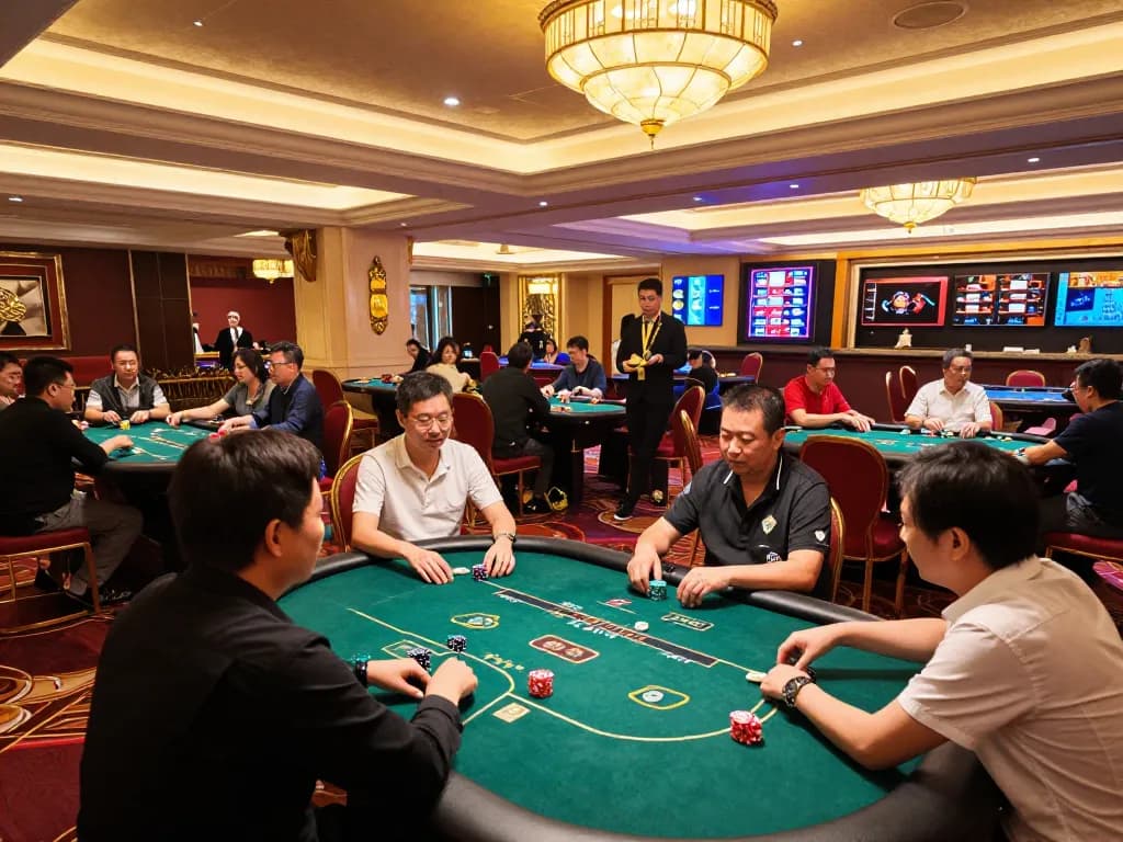 Players engaging in high-stakes poker at QQ 88 casino with elegant decor and vibrant atmosphere.