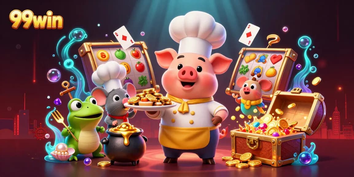 Spin to win at 99win with a festive scene of characters enjoying a gold coin feast.