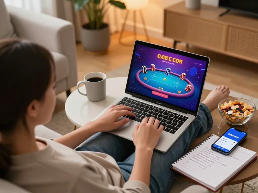 Player enjoying poker online with the nhà cái 789win app, laptop and snacks in cozy setting