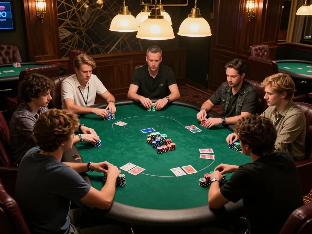 Experience high-stakes poker gameplay in an SC88 Vip private room with focal players and vibrant chips.