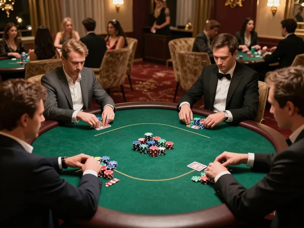 Kuwin1 players strategizing in a high-stakes poker game with vibrant chips and warm ambiance.