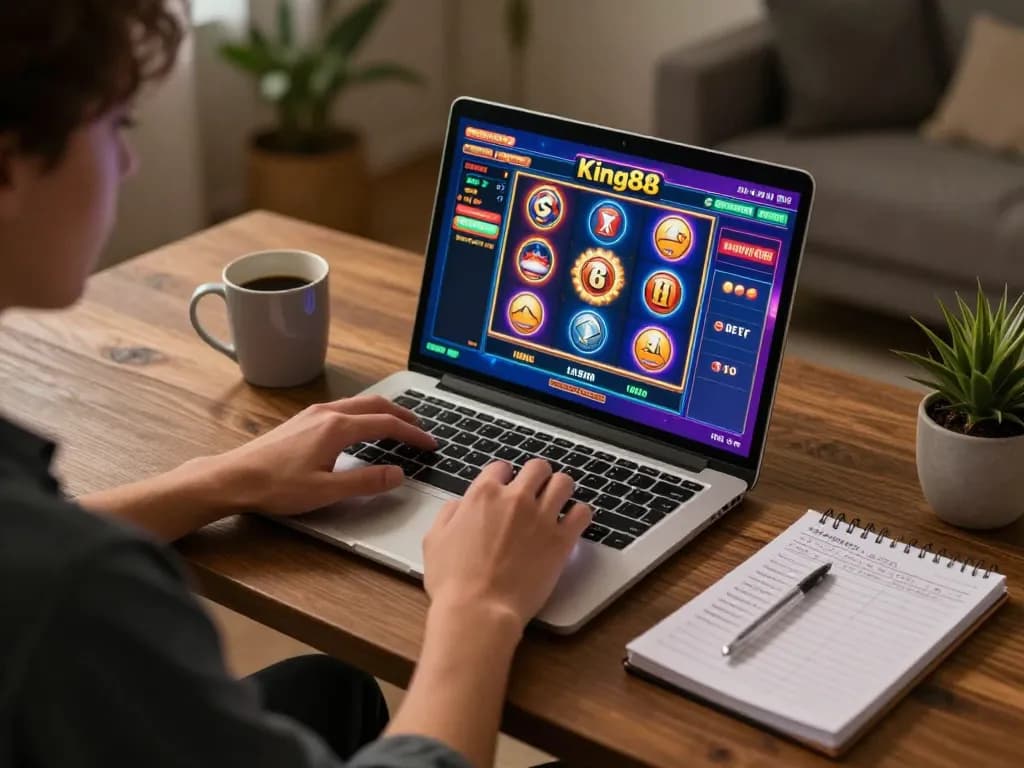 Engaging in fun online casino gaming at king88 with vibrant slot interface and strategic betting notes