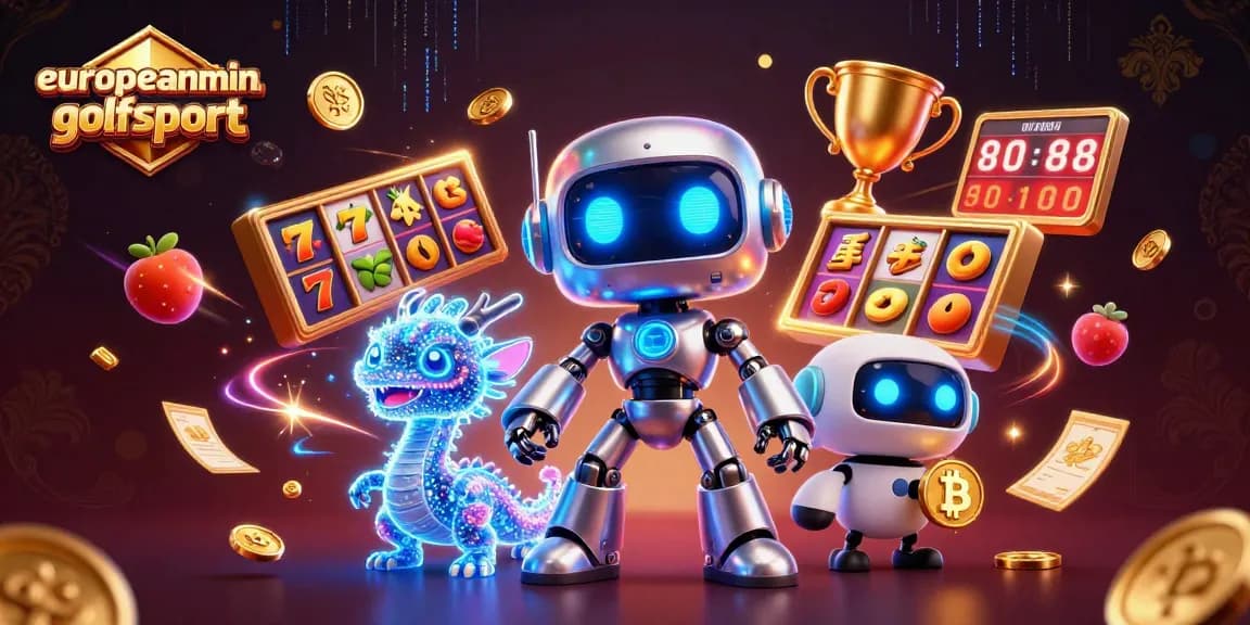 Win with europeanminigolfsport in a dynamic 3D casino scene featuring robots and slot elements.