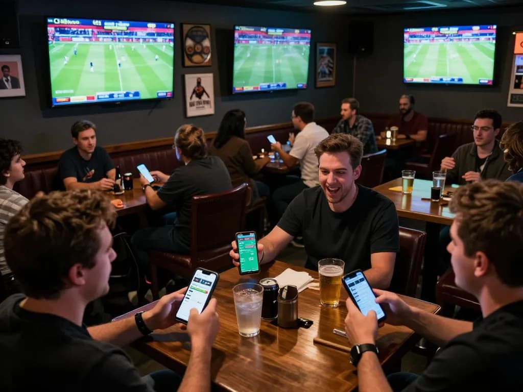 Fans celebrating a winning sports bet at 789win's exciting venue with screens showcasing live games