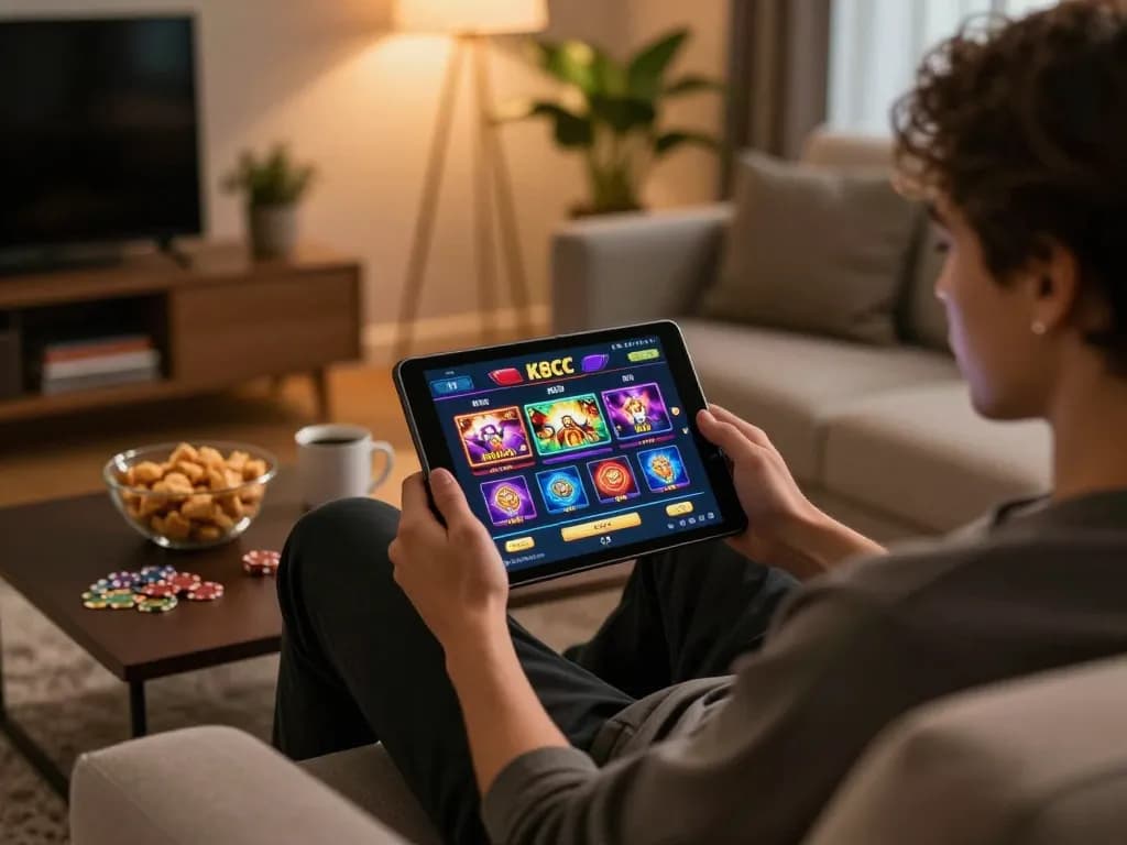K8CC online casino setup with a cozy home atmosphere and engaging gameplay on tablet.