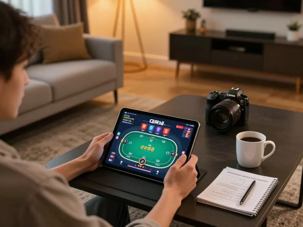 Player engaged in ee88 gaming on a tablet, showcasing online casino action in a cozy home setting.