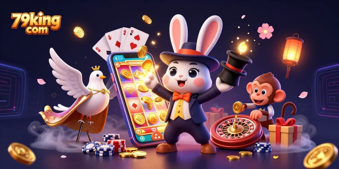 Engage with thrilling slot games at 79king com while watching a magician rabbit pull golden coins and vibrant game elements.
