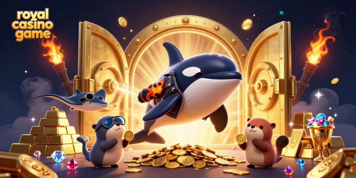 Experience the excitement of royal casino game with an orca in a biker jacket, otters with coins, and dynamic treasure elements.