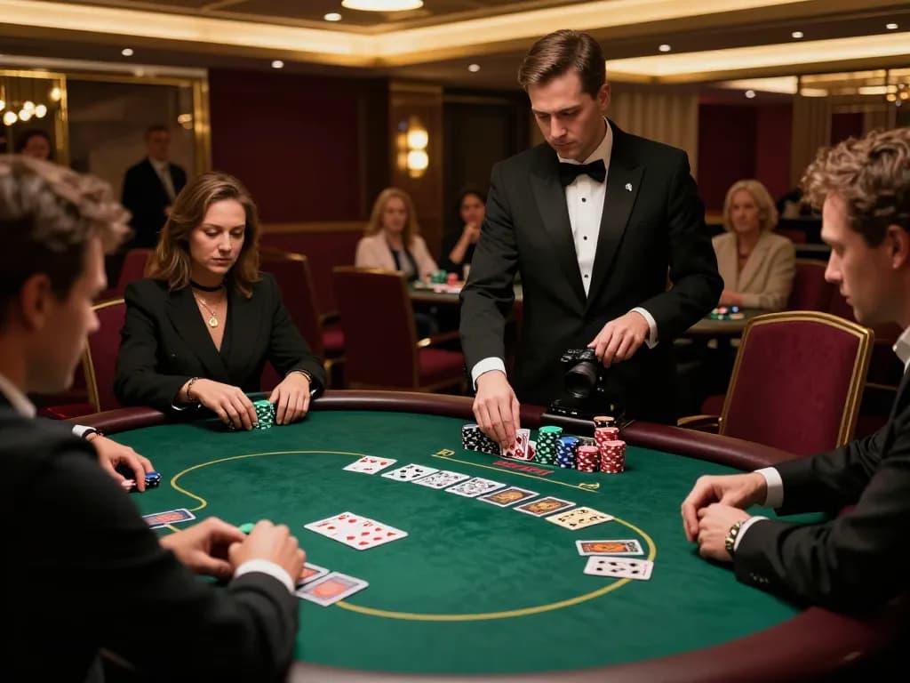 SHBET high-roller poker table with players engaged in strategic gameplay under elegant lighting.