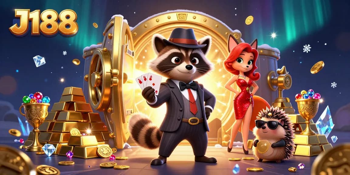 Play J188 with the suave raccoon, fox lady, and hedgehog in an engaging, colorful casino scene.