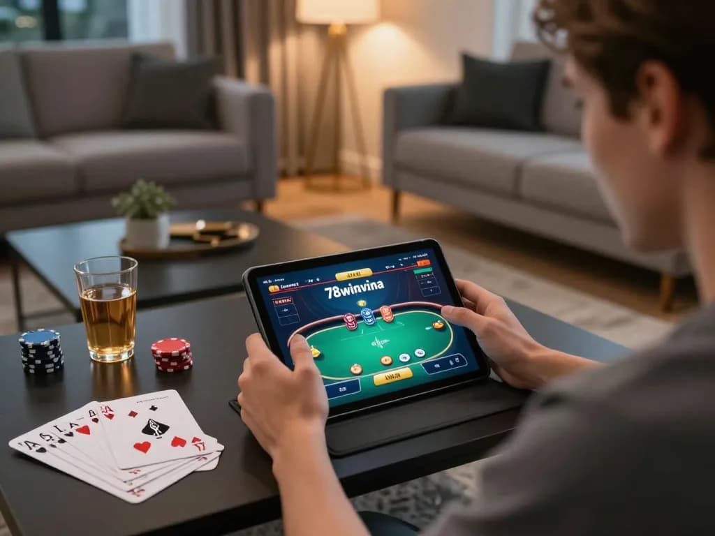 Engaging online gaming experience with 78winvina, showcasing poker strategies and cozy ambiance.