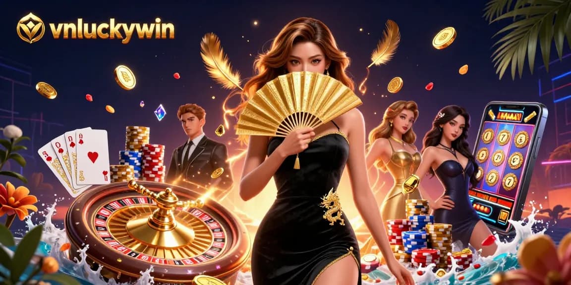 Engage with vnluckywin's thrilling casino experience showcasing stunning 3D elements and a stylish character.