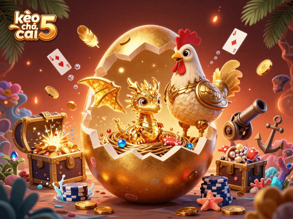 Experience thrilling moments at kèo nhà cái 5 with a magical scene of a golden baby dragon and poker chips.