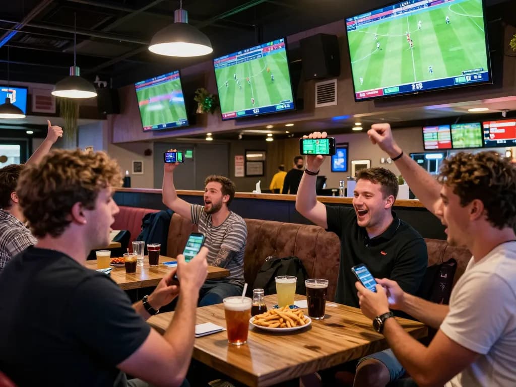 Tỷ lệ kèo nhà cái hôm nay displayed on smartphone at a lively sports bar filled with match excitement