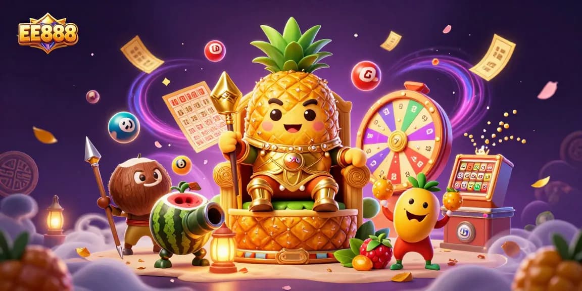 Win big at EE888 with an action-packed casino scene featuring a golden pineapple king and vibrant game elements.