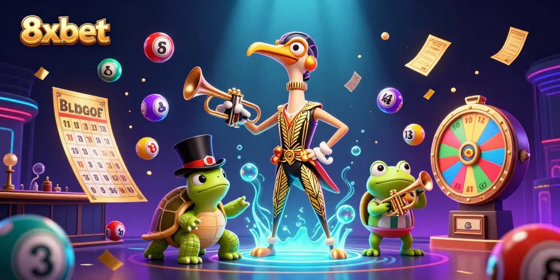 Experience the excitement of 8xbet with a vibrant illustration featuring fun casino characters and activities.