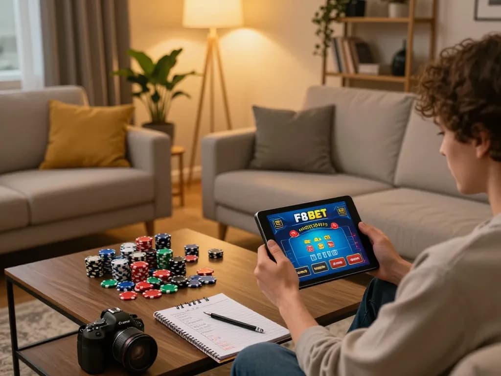 Engaging in strategic F8BET gameplay at home using a tablet with betting notes nearby.