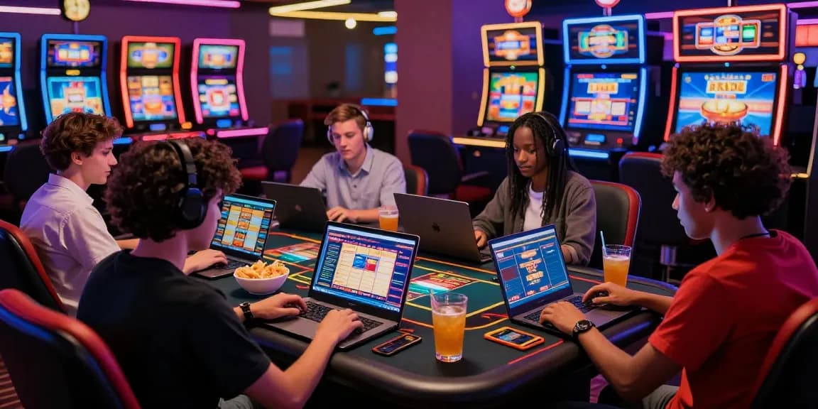 Exciting moments in a credit card casino as players engage with online gaming, showcasing vibrant screens and social interactions in a lively atmosphere.