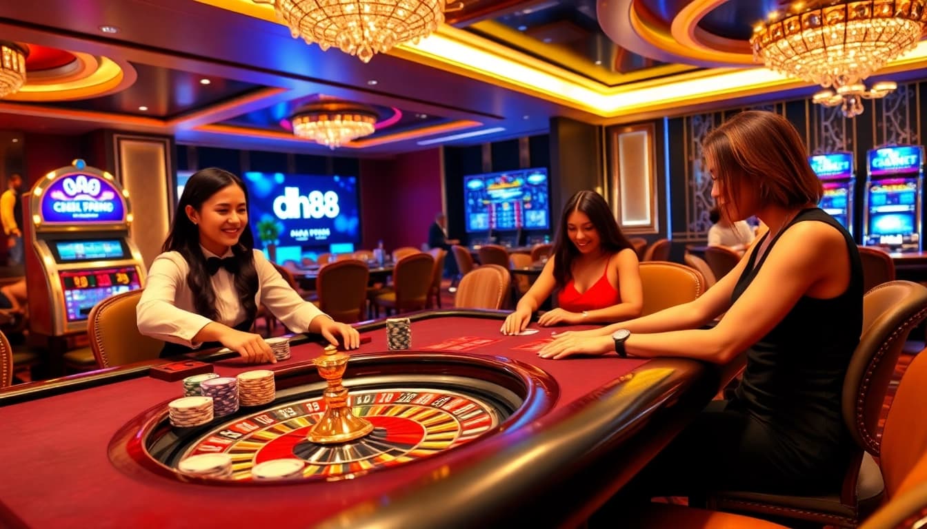 Players enjoying a thrilling gaming experience at the dh88 casino table with chips and cards.