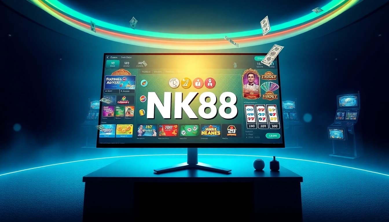 Exciting NK88 online gaming interface showcasing vibrant slot machines and a confident player.