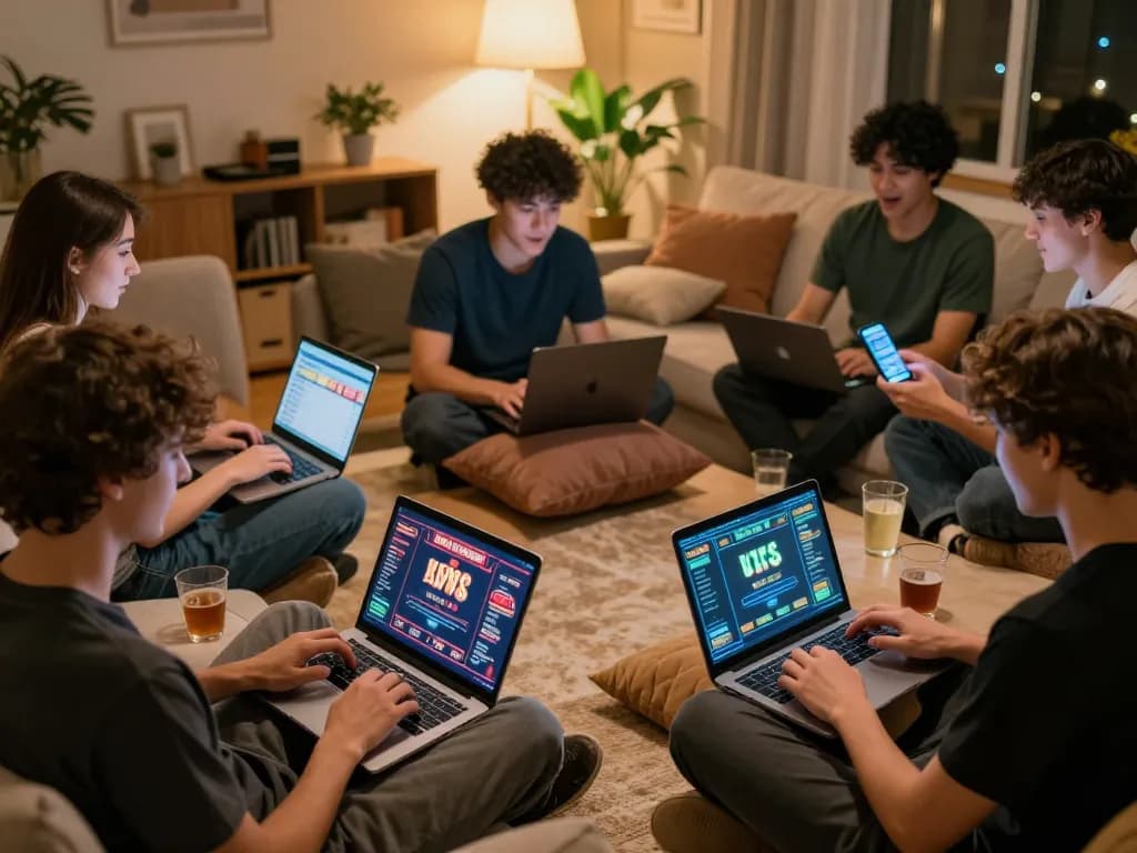 Players enjoying live games on lv88 com in a cozy home setting with laptops and drinks