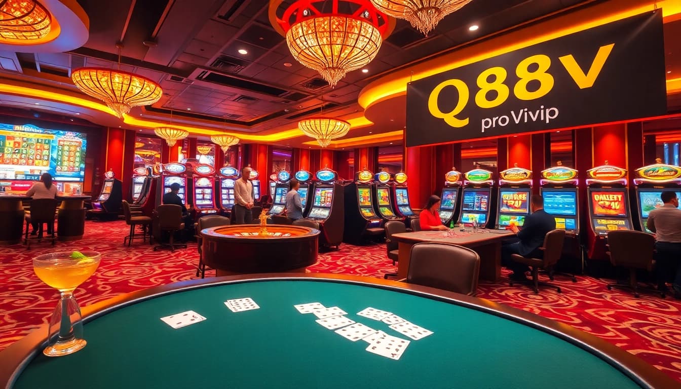 Players enjoying poker at QQ88pro Vip casino, surrounded by vibrant slot machines.