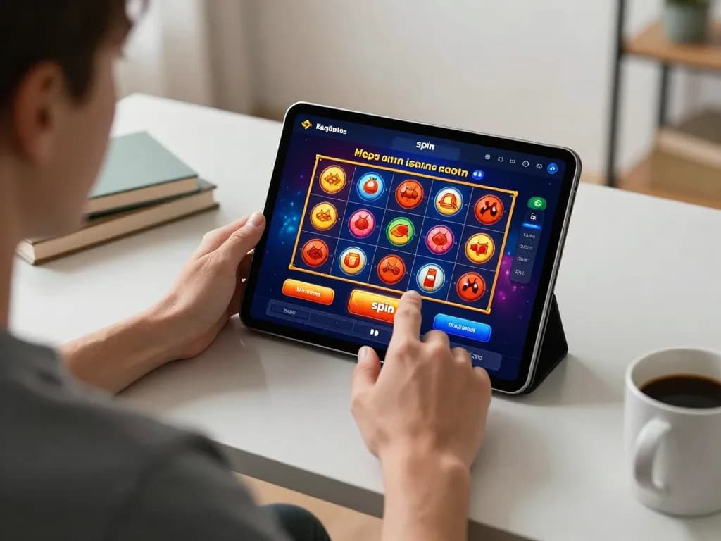 Player enjoying a strategic session on a nhà cái app, engaged with slots on a tablet, showcasing responsible gaming.