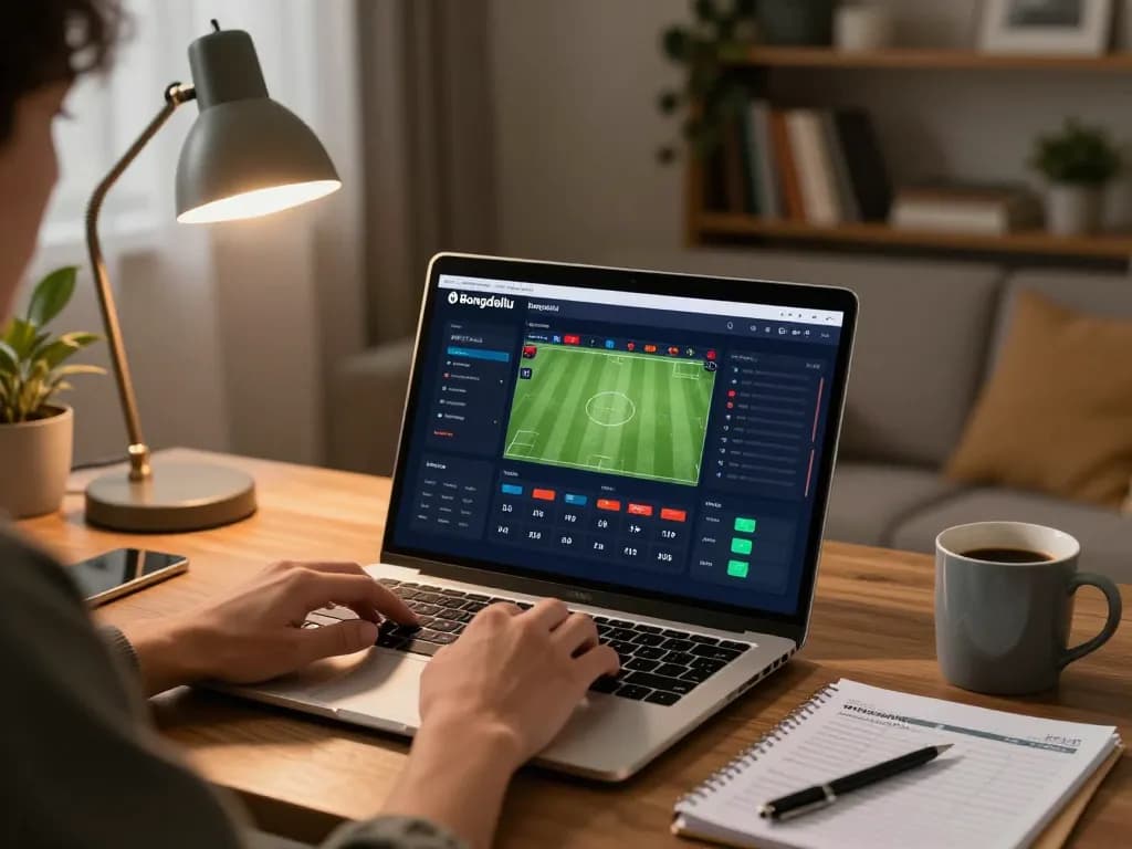 Bongdallu user analyzing sports betting odds at home on laptop.