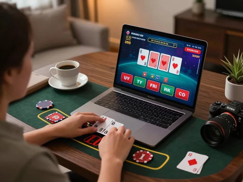 Engaged player at MM88's online blackjack table, showcasing strategic gameplay in a stylish setup.