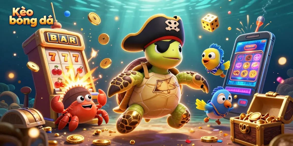 Engage with Kèo bóng đá as a pirate turtle and friends celebrate casino winnings amid treasure.