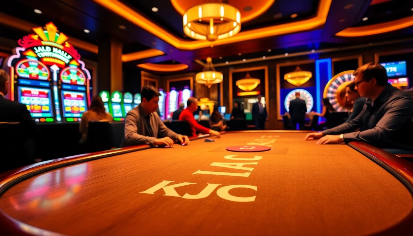 KJC-branded poker table alive with excitement and eager players in a luxurious casino setting.
