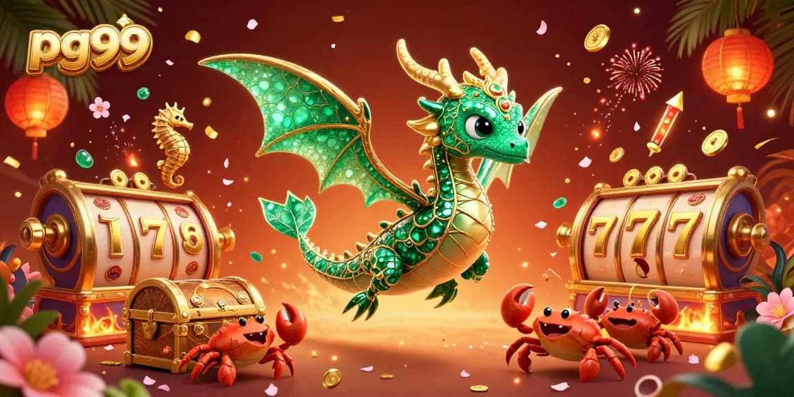 Experience thrilling games at pg99 with a vibrant casino scene featuring an emerald sea dragon and interactive jackpots.