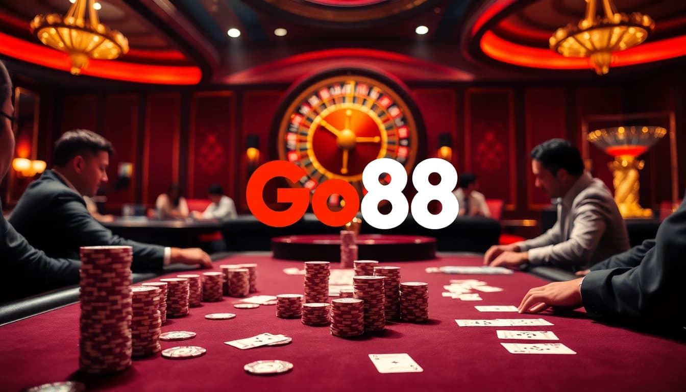 High-stakes poker action at luxurious casino featuring Go88 branding.
