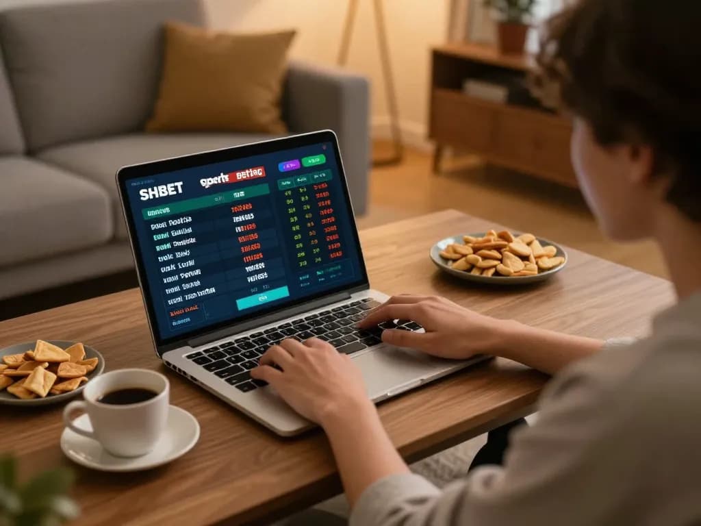 Engaging in SHBET sports betting from a cozy home setup with laptop and snacks.
