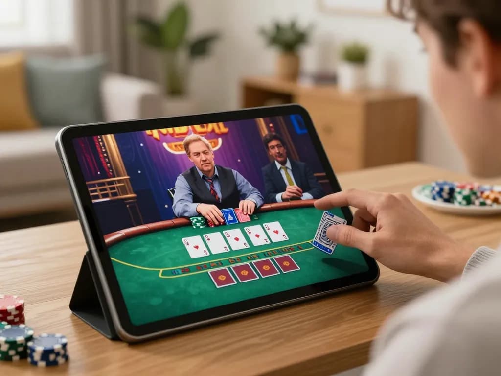 Engaging in live dealer blackjack at BJ88 on a modern tablet in a cozy home setting