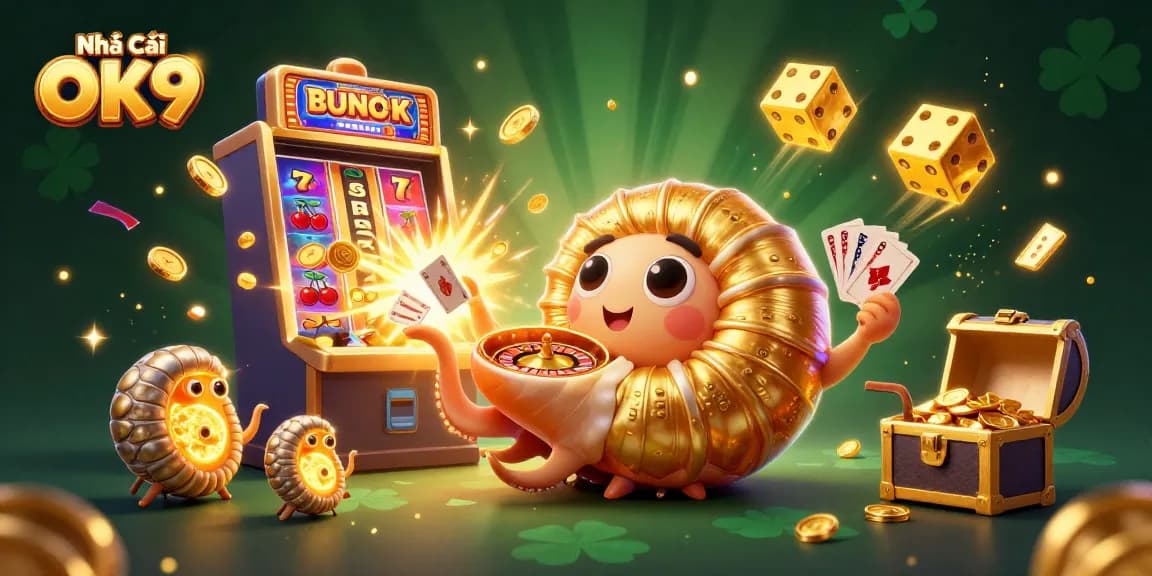 Engage with Nhà Cái OK9's vibrant casino world showcasing a 3D nautilus, slot machine, and thrilling action.