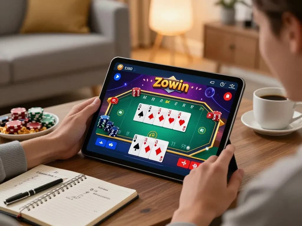 Engaged gamer playing Zowin card game on tablet, cozy living room setting with snacks and strategy notes.