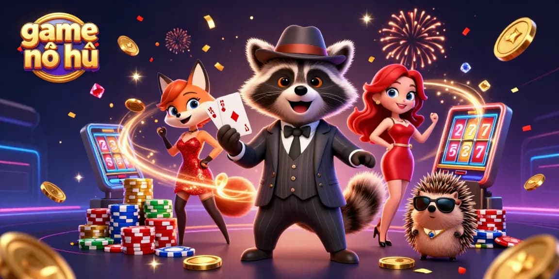 Play thrilling game nổ hũ with vibrant characters and casino elements in an exciting digital illustration.