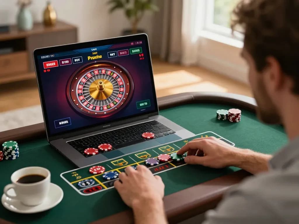 Sv368 live dealer game on laptop showcasing roulette action in a cozy home setup